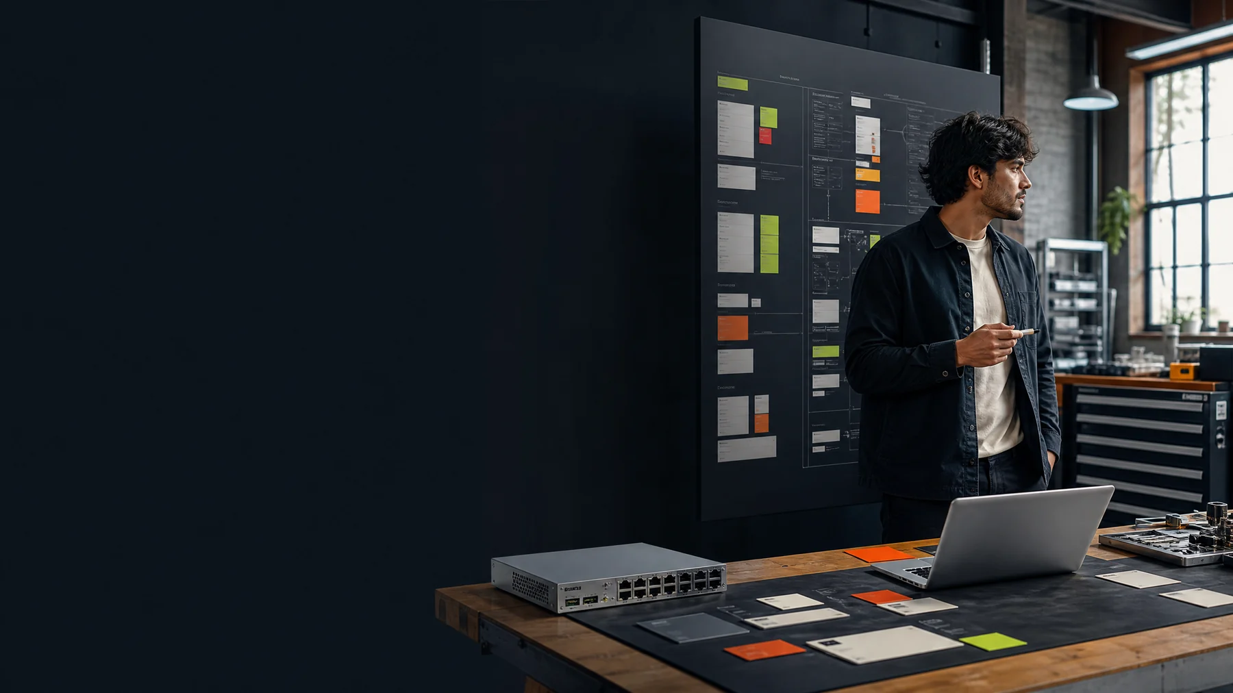 Engineer in a technical workshop beside an operations board