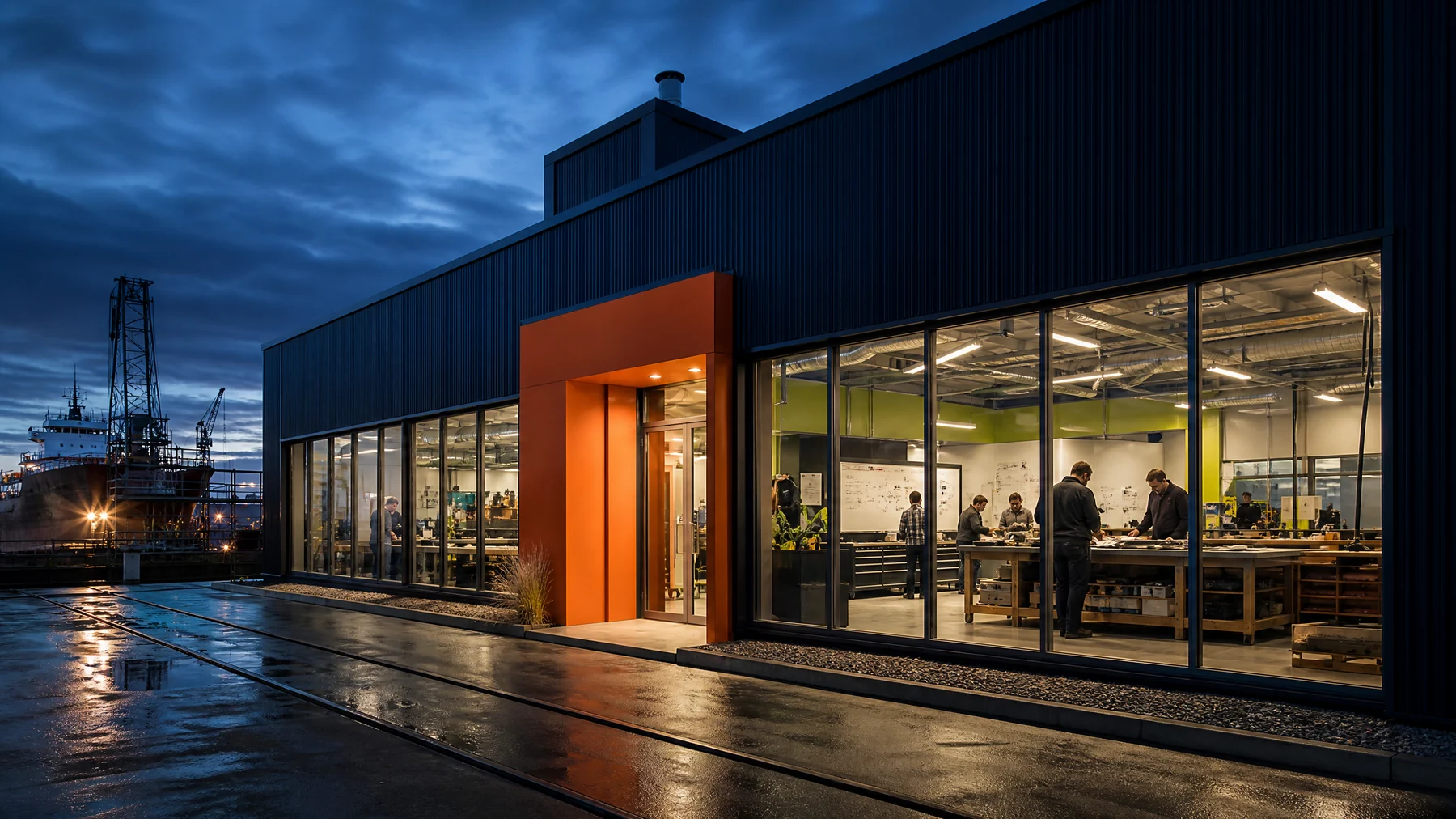 Technical workshop at blue hour