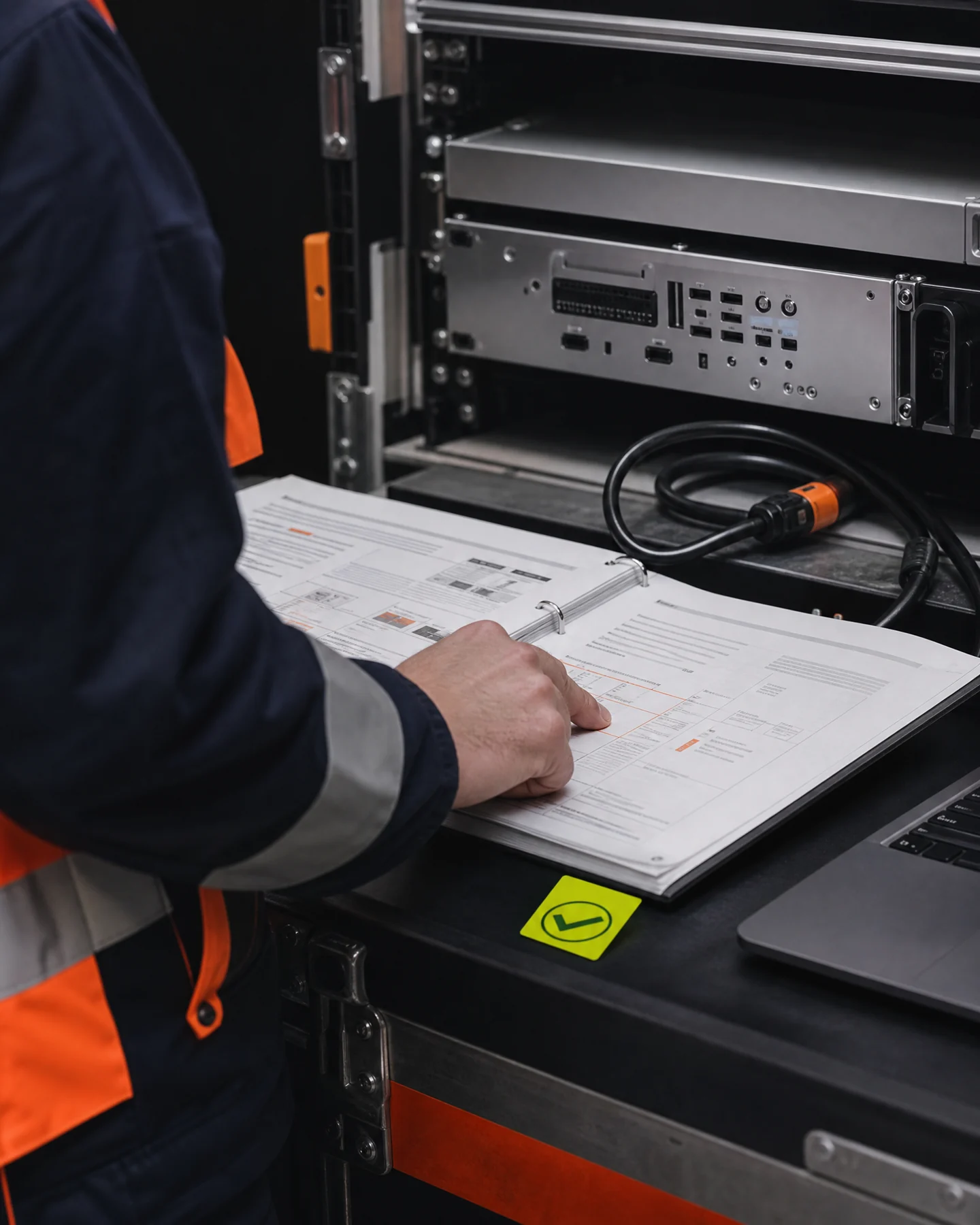 Deployment runbook beside a compact rack device