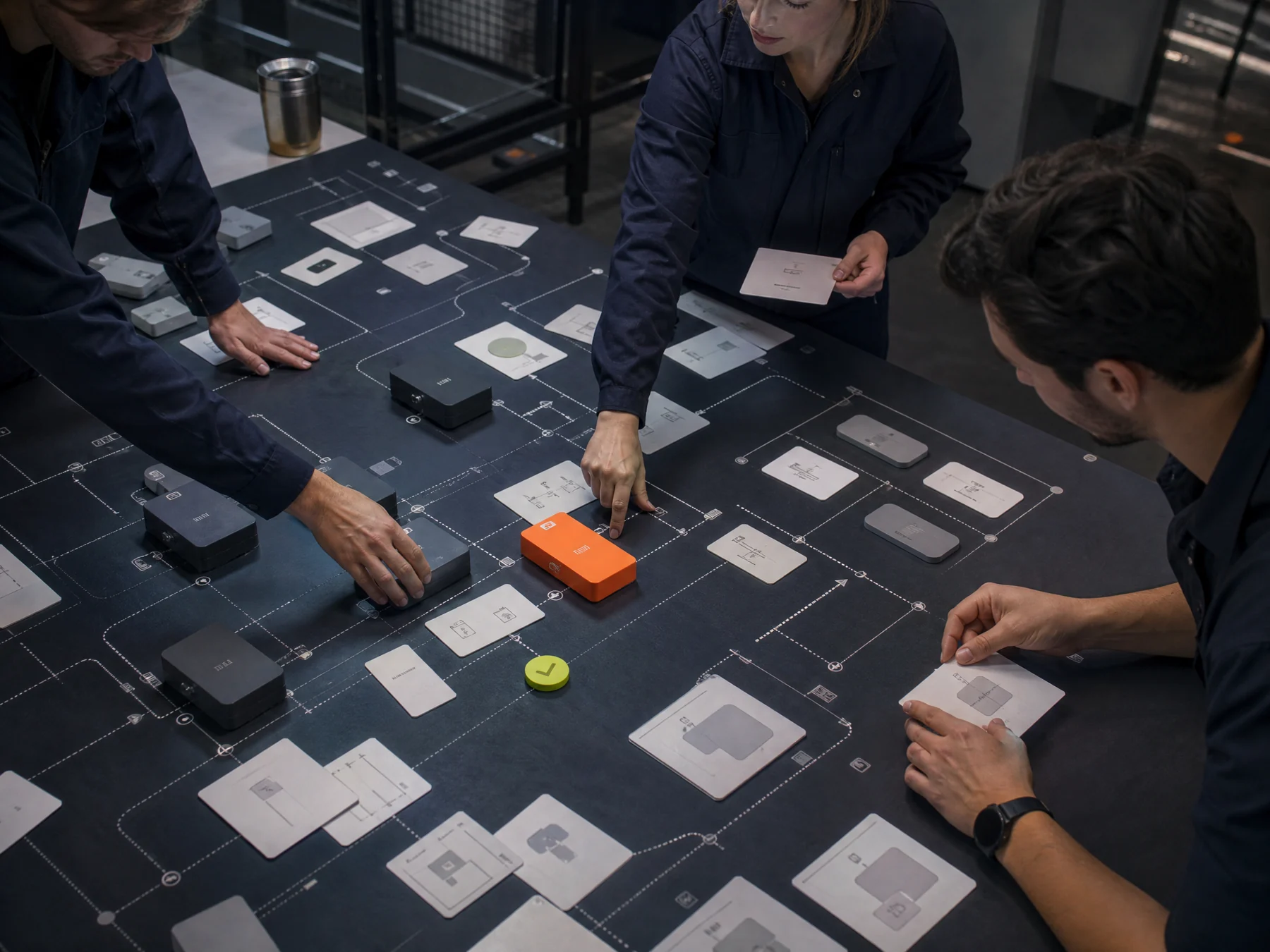 Engineers moving service blocks across a physical architecture table