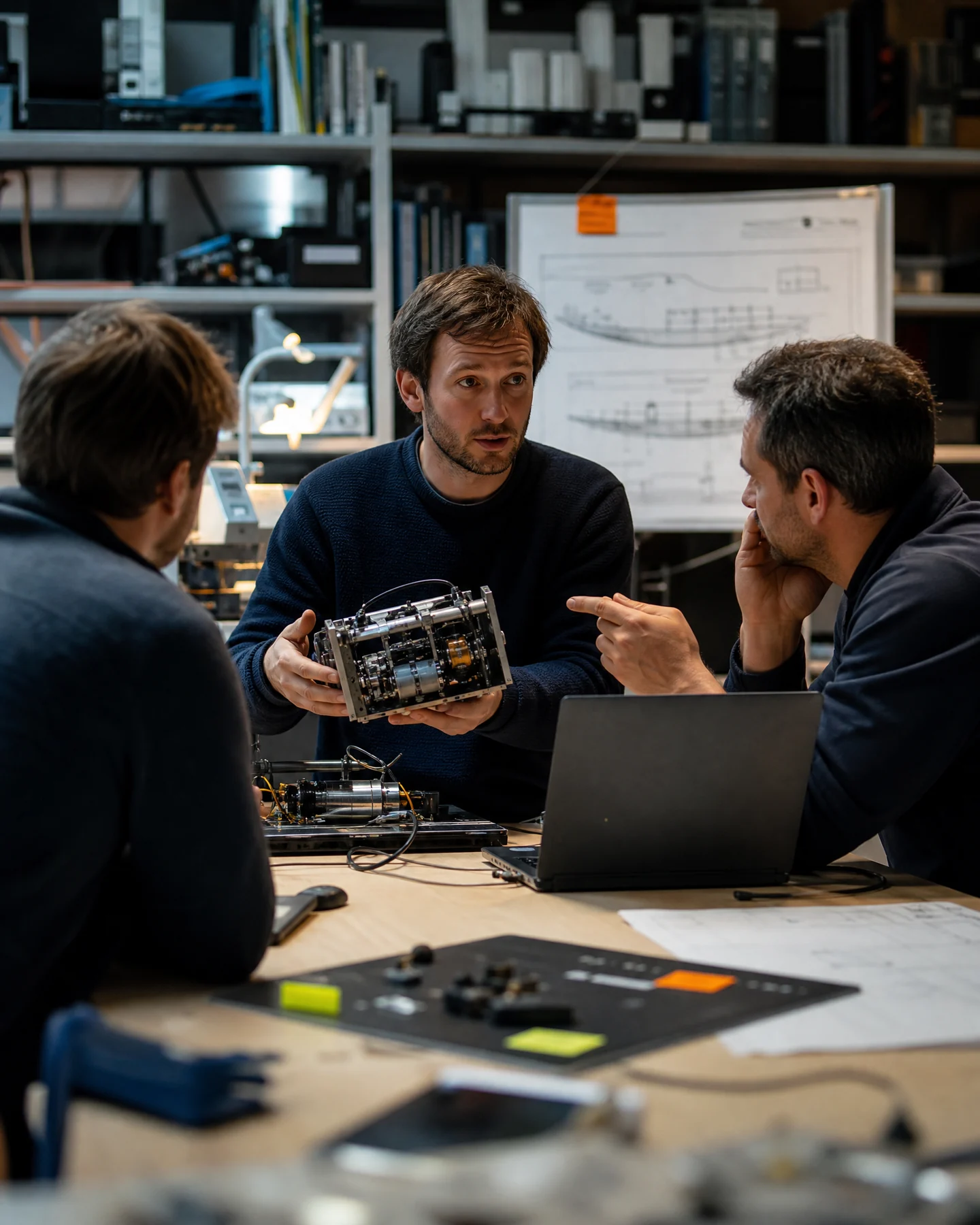 Engineer presenting a small working technical system to peers
